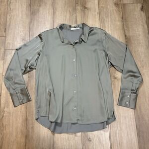 Abercrombie & Fitch A&F Long Sleeve Button Up Green Satin Blouse Shirt Top XL